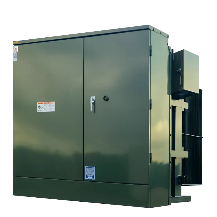Large industrial electrical transformer with dark green metal enclosure and external cooling fins.