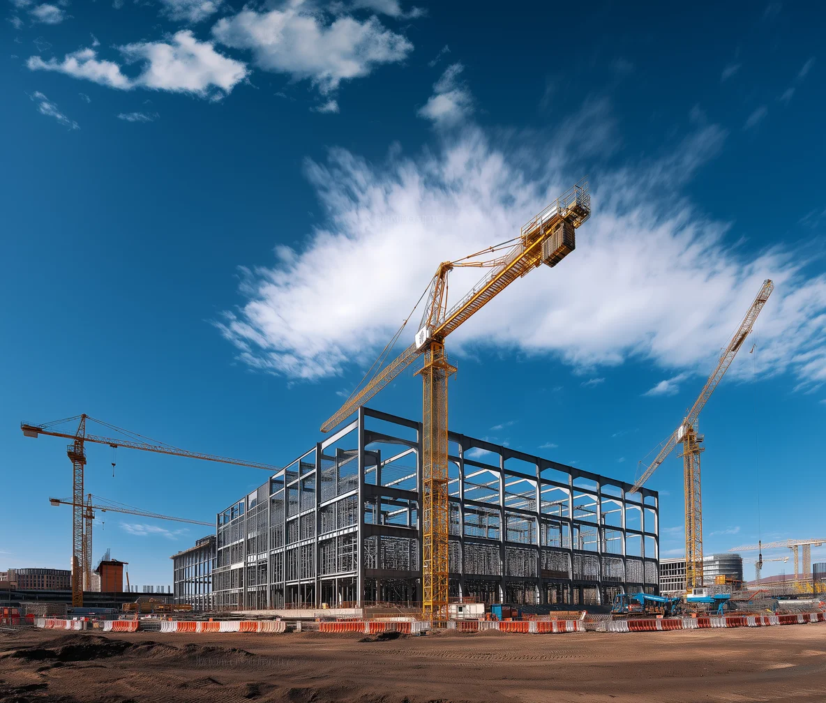 Construction site with large steel-frame building and multiple tall yellow cranes under a blue sky with scattered clouds.