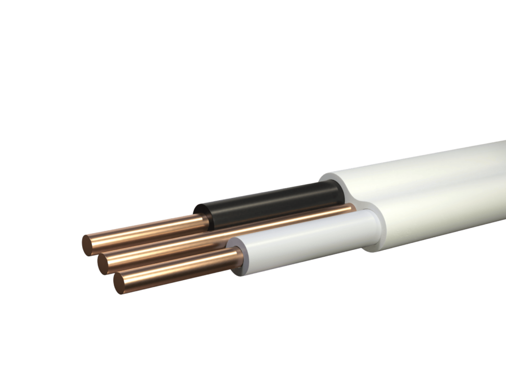 Close-up of a multi-conductor electrical cable with copper wires and black and white insulation.