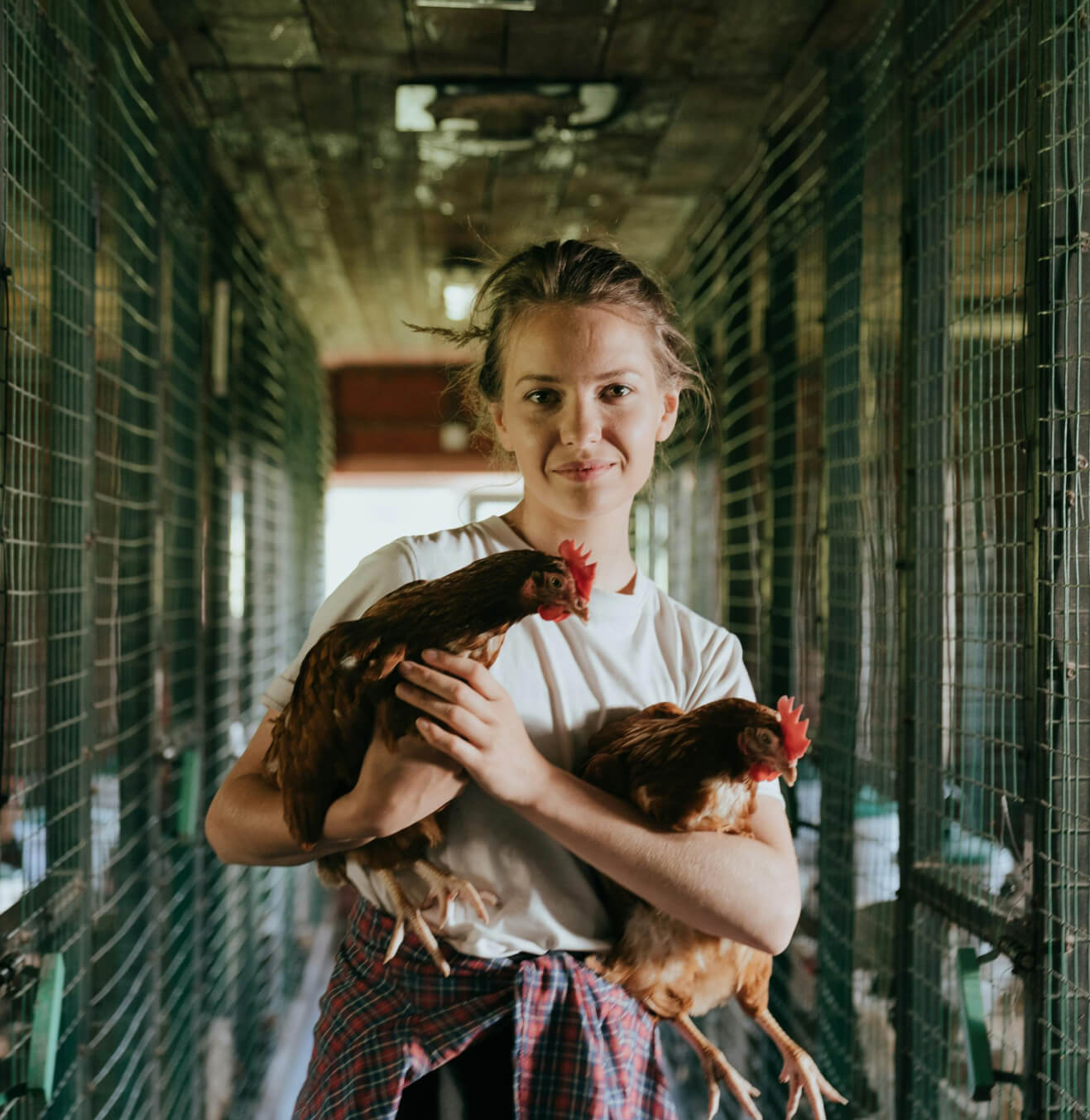 Woman holding 2 chickens on her farm