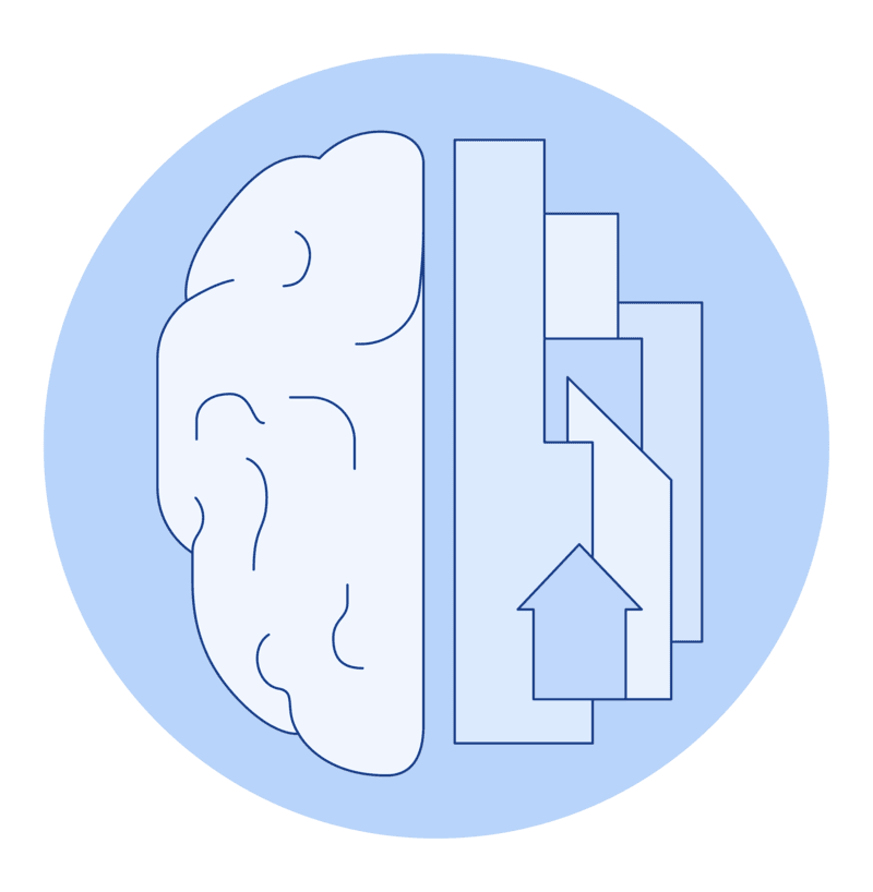 Icon of brain connected to buildings representing neuroscience engagement in communities