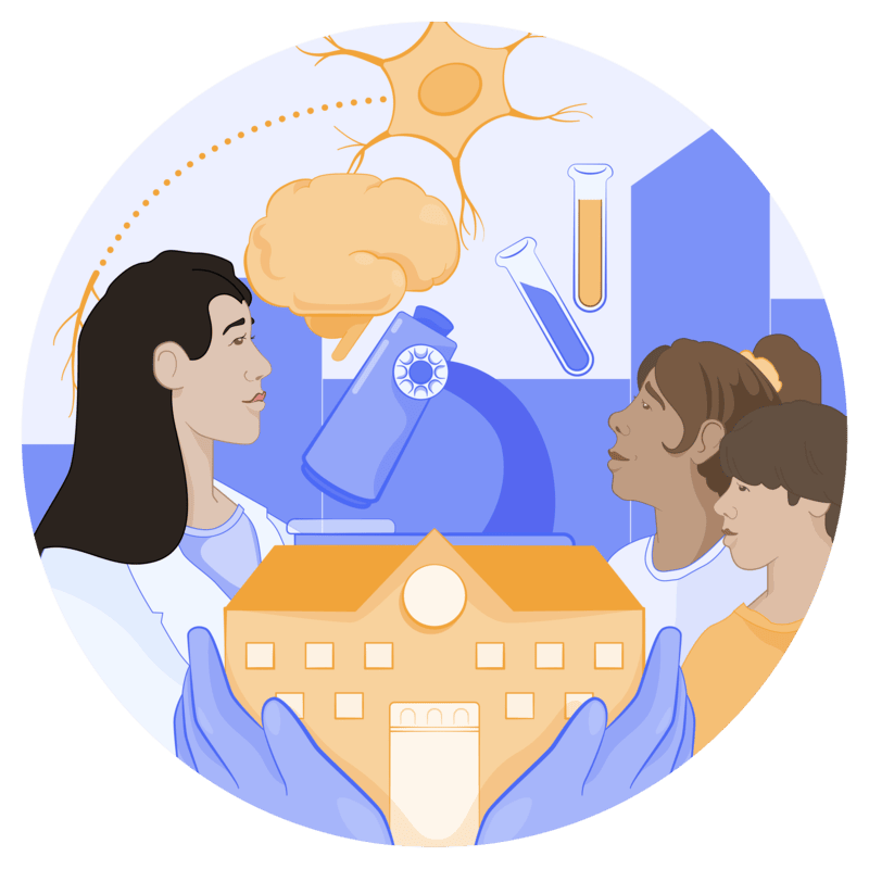 Illustration of diverse students exploring neuroscience with brain models, lab equipment, and school building