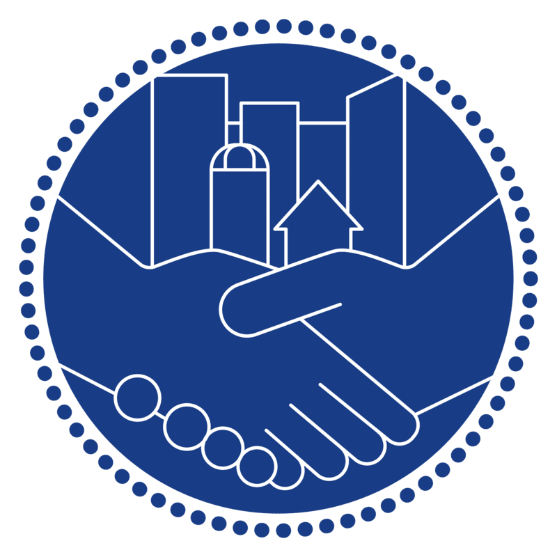 Icon of handshake with buildings and community symbols representing neuroscience education partnerships