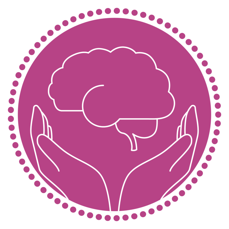Pink linework icon of two hands cradling a brain