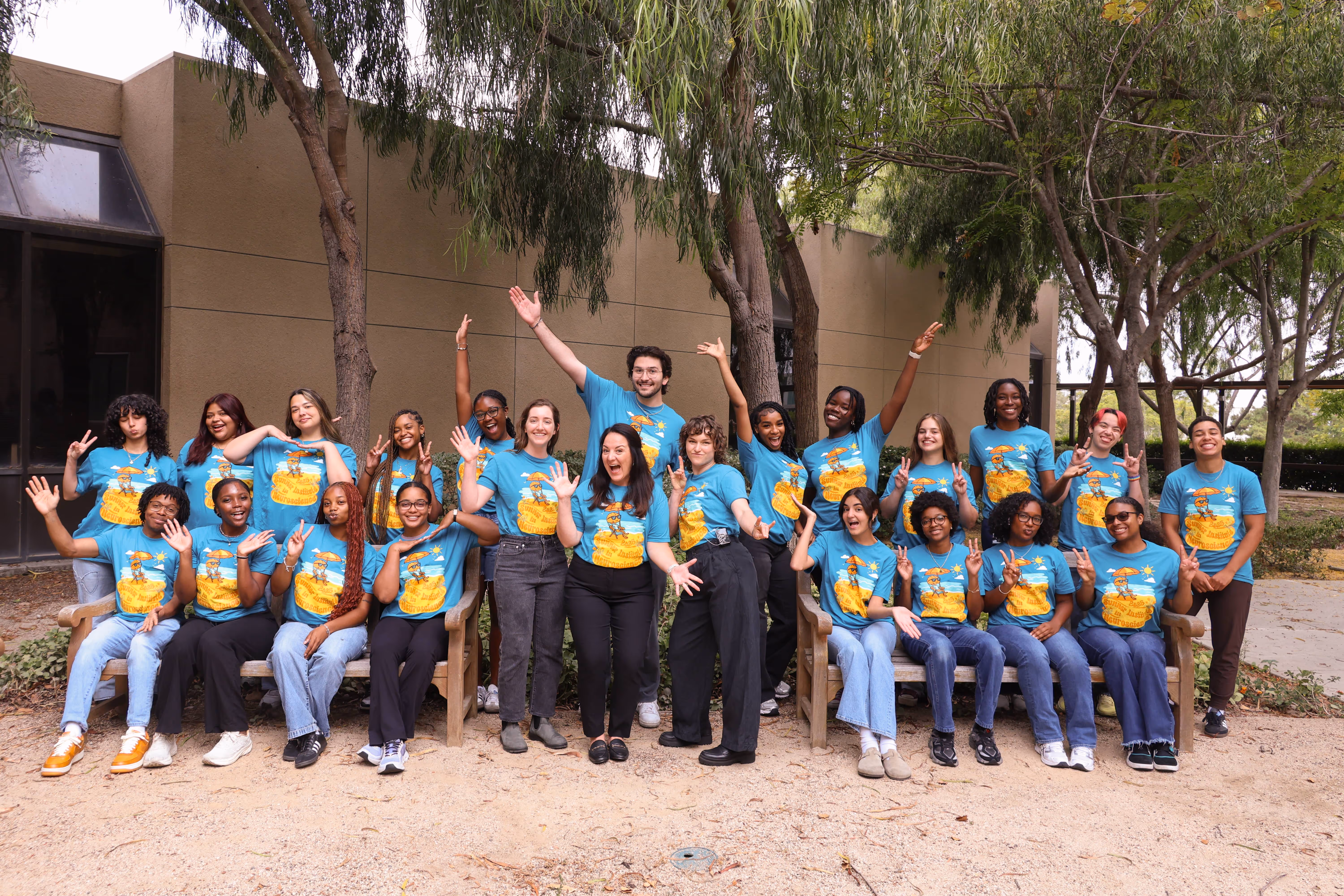 Large group of diverse high school students in matching blue shirts at the 2025 UC Irvine Summer Institute neuroscience program