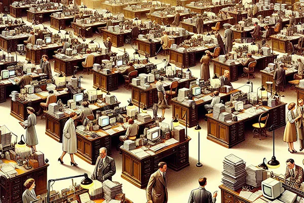 office room full of crowded desks