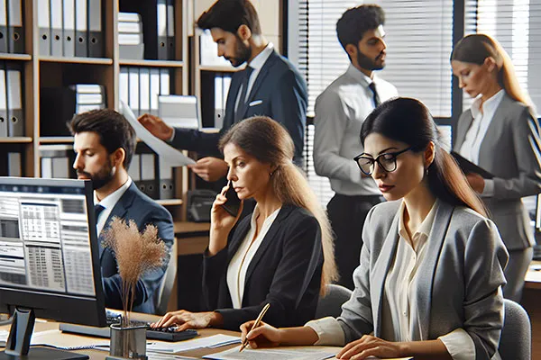 escrow agents working in an office