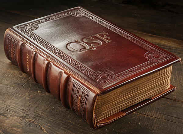 Book with cover where symbols QSF are debossed