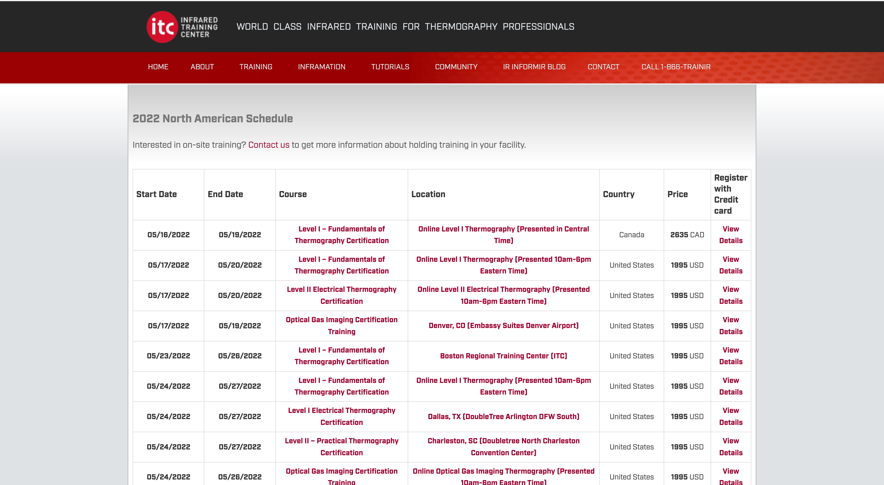 ITC web page for booking a training in the old design