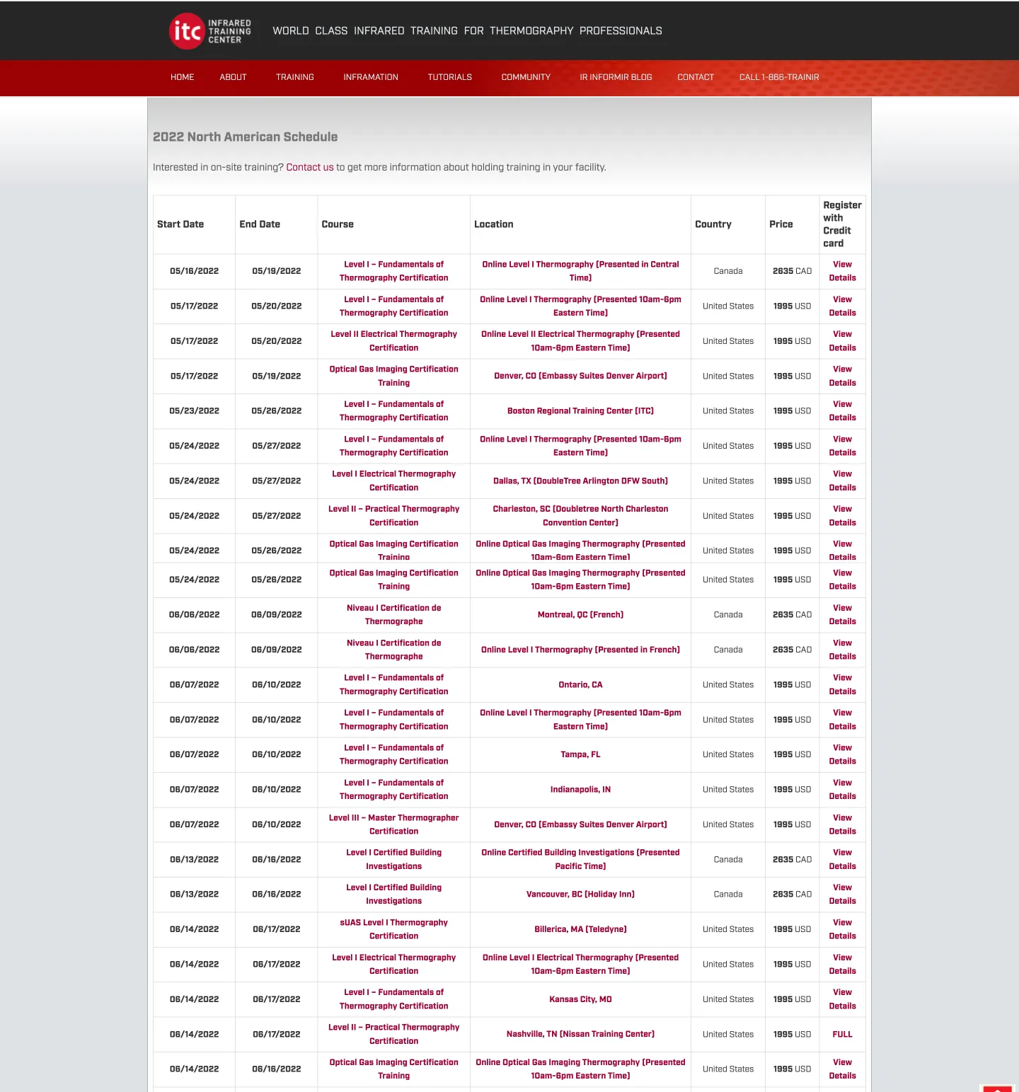 A screenshot of the old ITC booking courses page