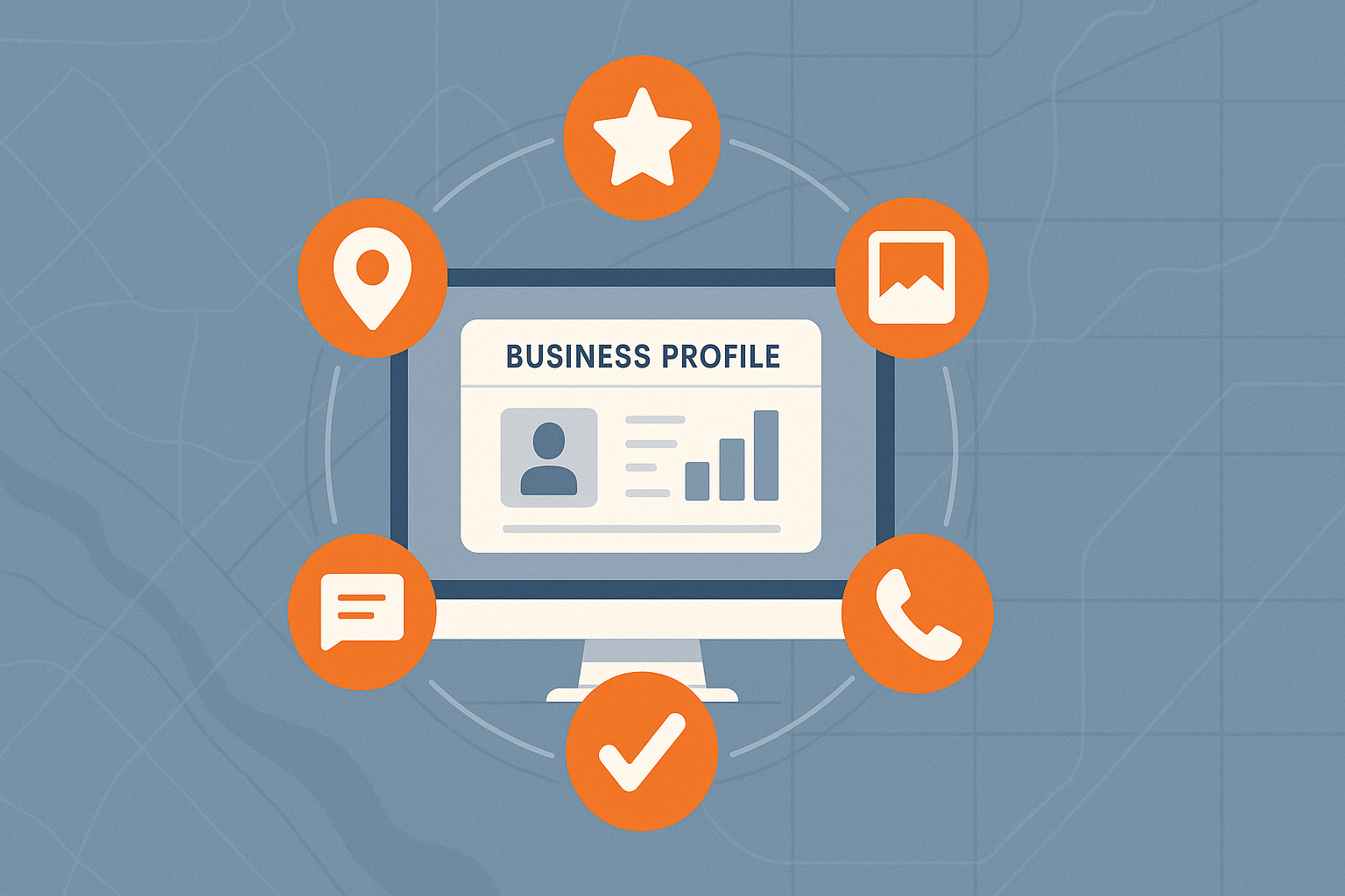 Illustration of a desktop computer displaying a Business Profile dashboard, surrounded by five orange icons for reviews, photos, posts, calls, and maintenance in a circular layout, representing a connected system for steady local growth.