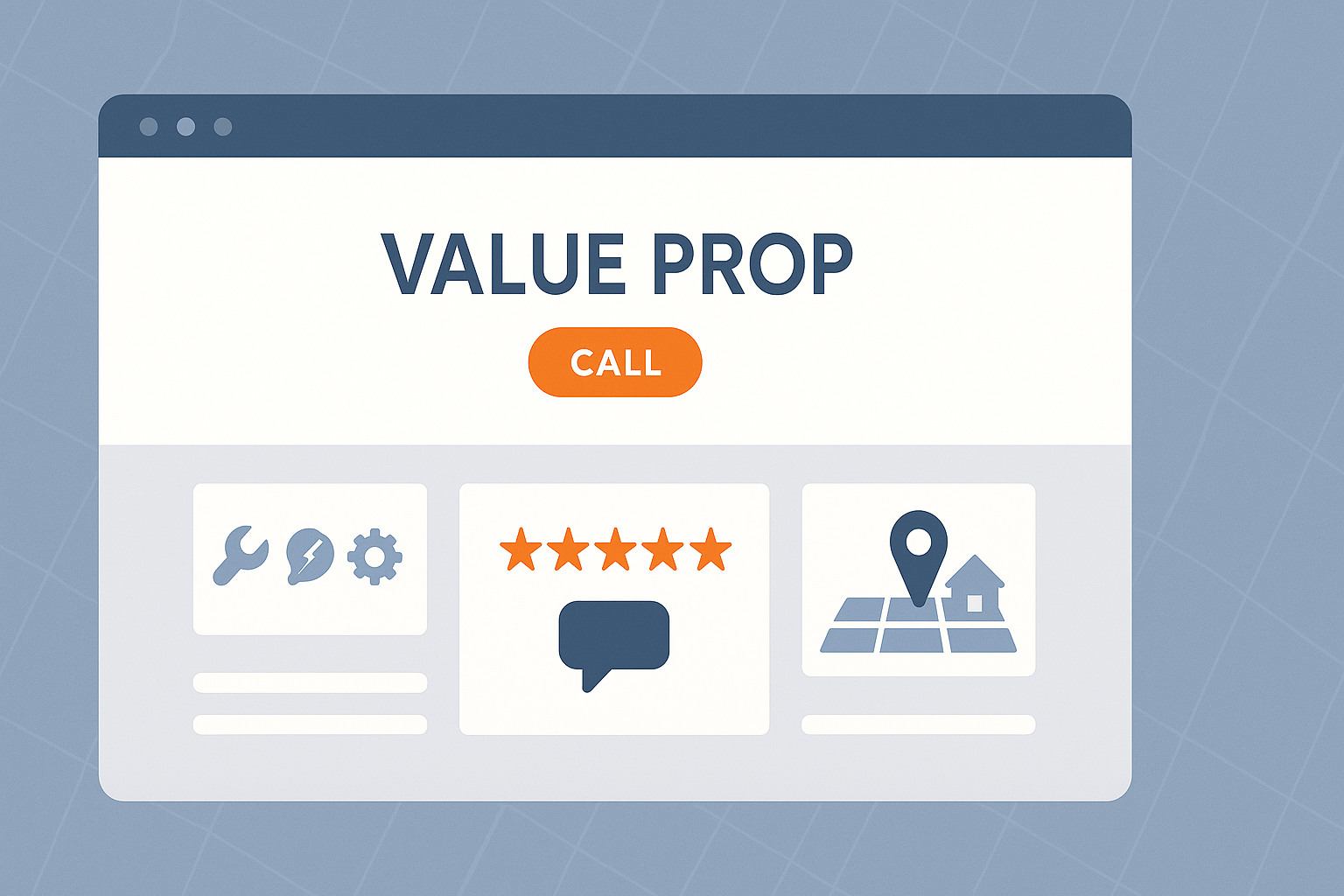 Illustration of a homepage layout featuring a value proposition, call button, service categories, star reviews, and a local proof section, shown in a clean blue-gray and orange 16:9 flat design.