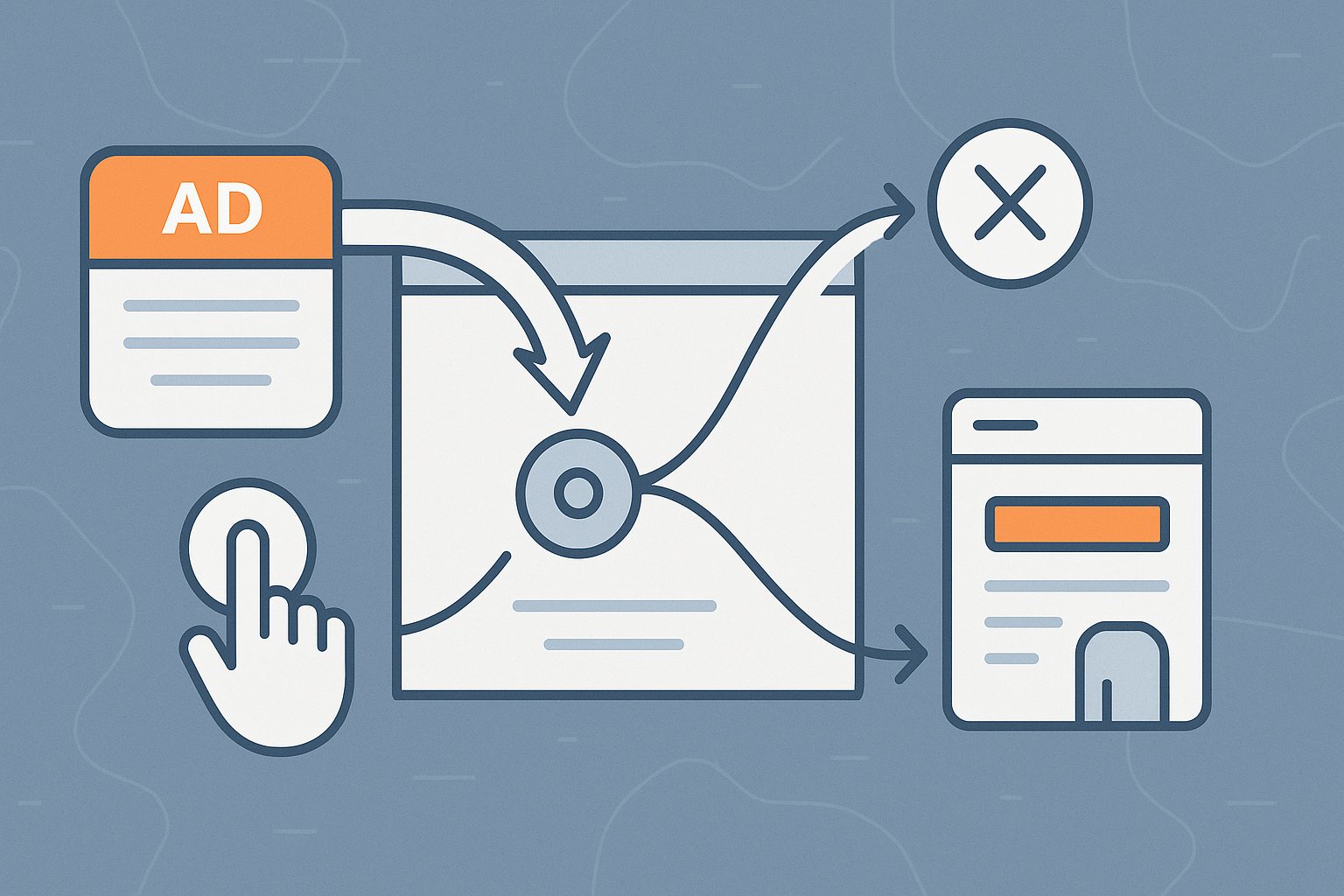 Flat illustration showing a visitor journey where ad clicks lead to drop-offs or a successful conversion path, with icons for ads, clicks, exit points, and a final webpage call-to-action, in a blue-gray and orange color scheme.