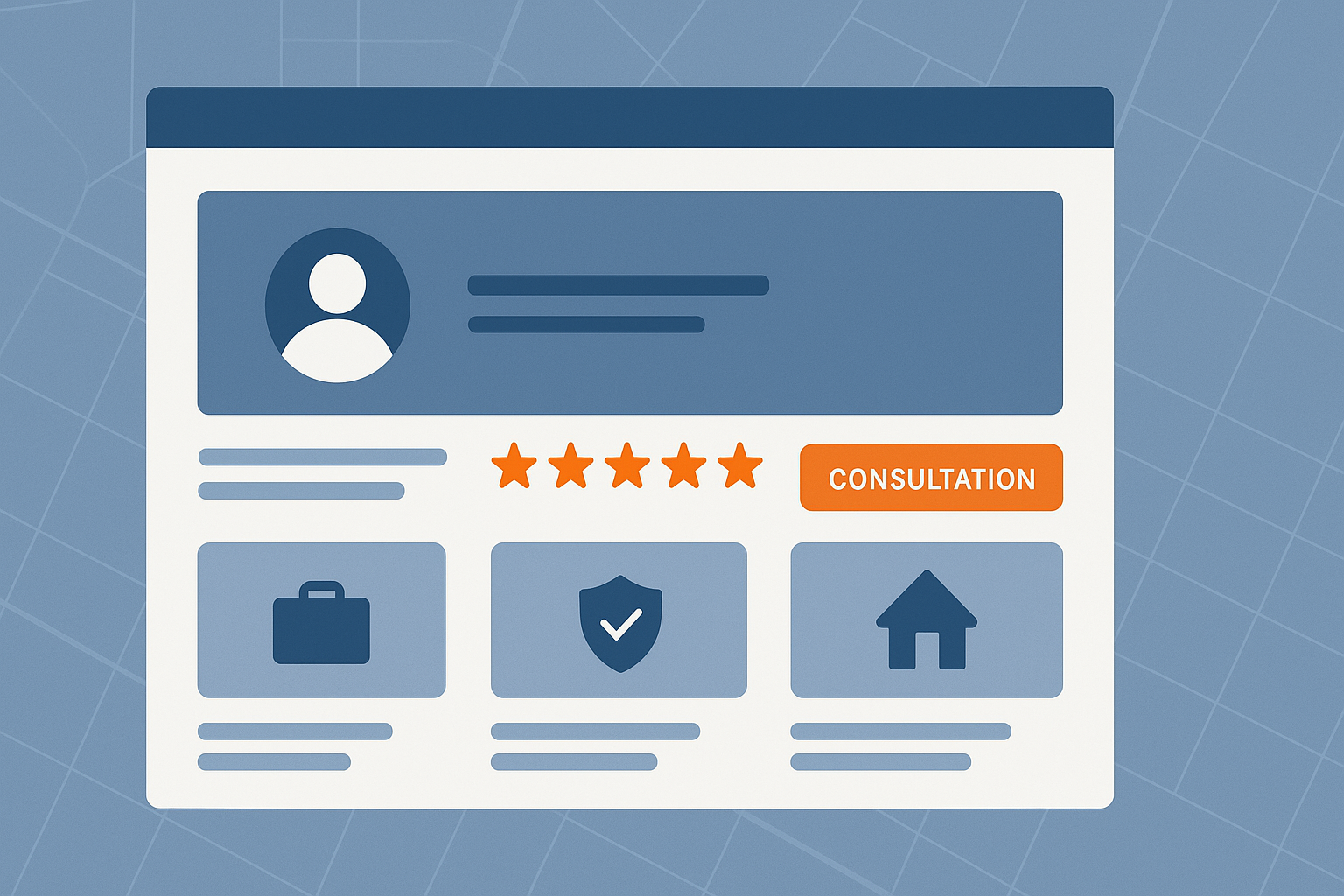 Flat illustration of a professional services homepage layout featuring a hero header, bio section, five-star reviews, trust badge, consultation button, and service category icons in a clean blue-gray and orange design.