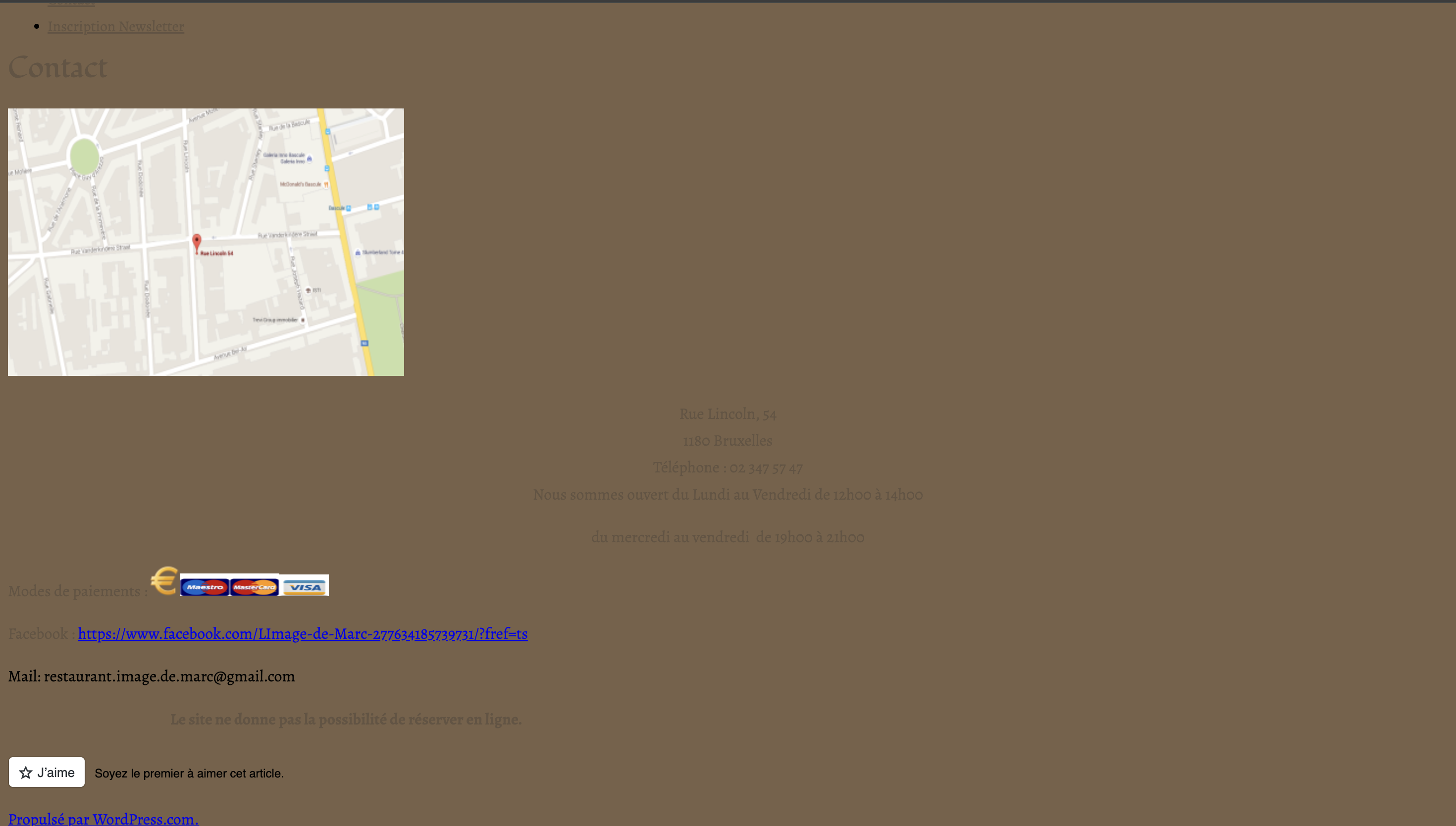 Contact page map showing restaurant location in Brussels