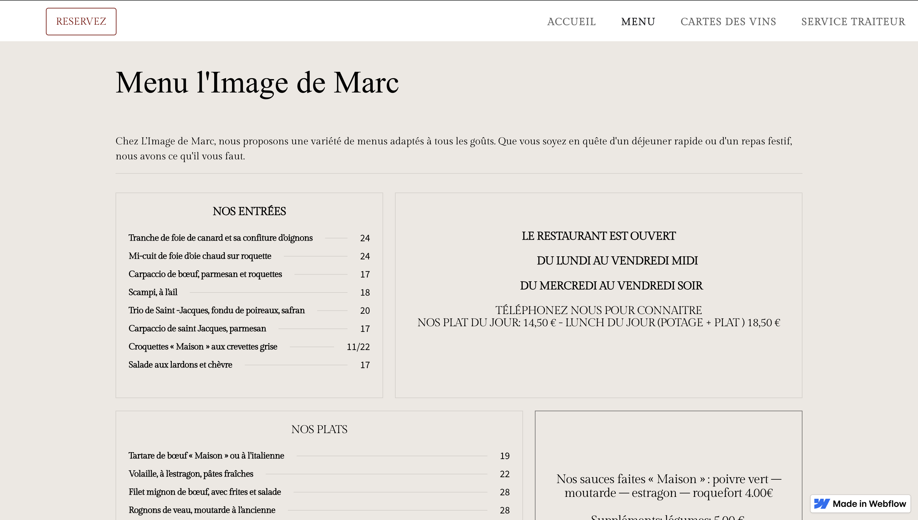 French restaurant menu with appetizers and main courses in French