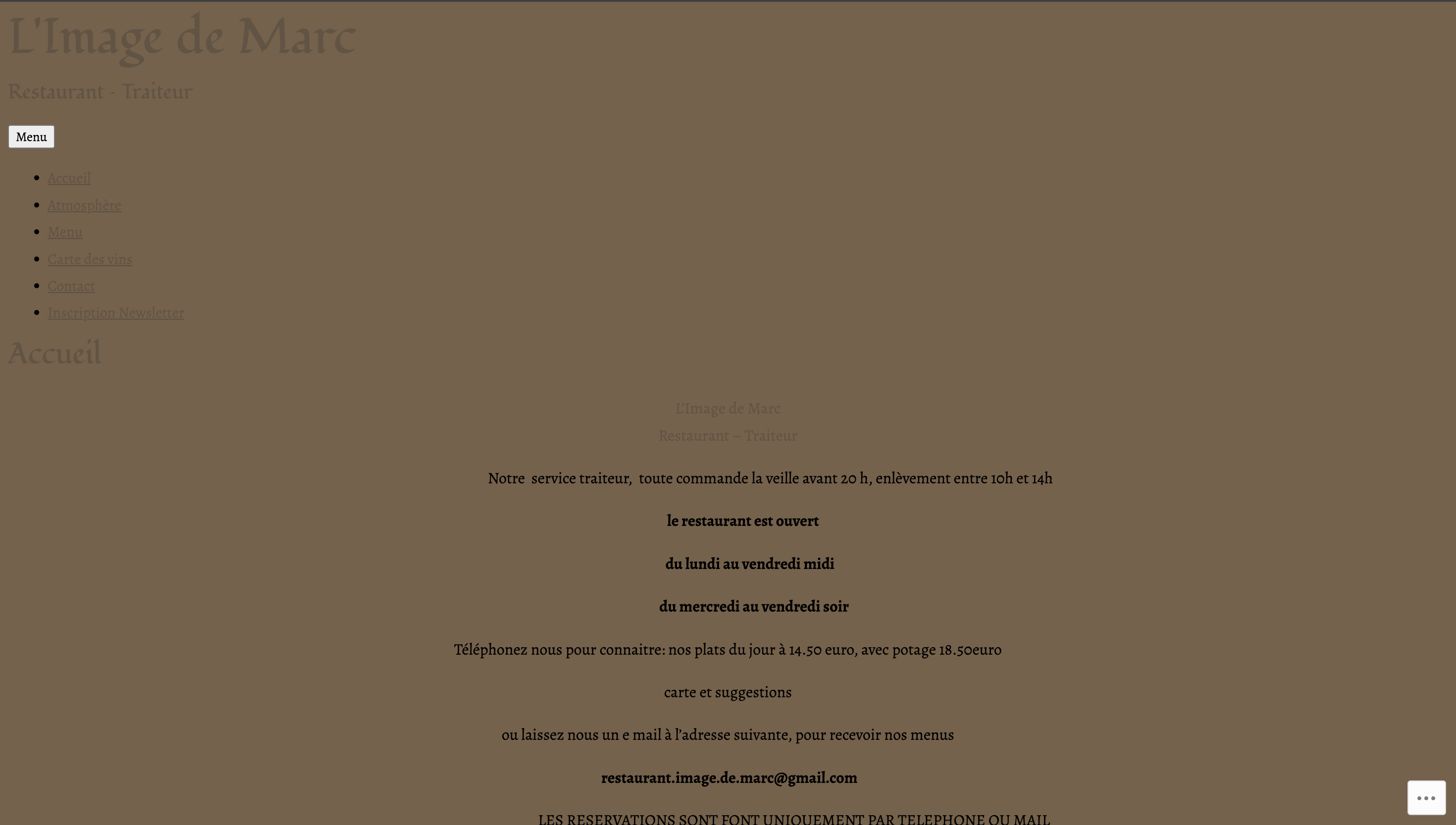 French restaurant website with menu details and contact information