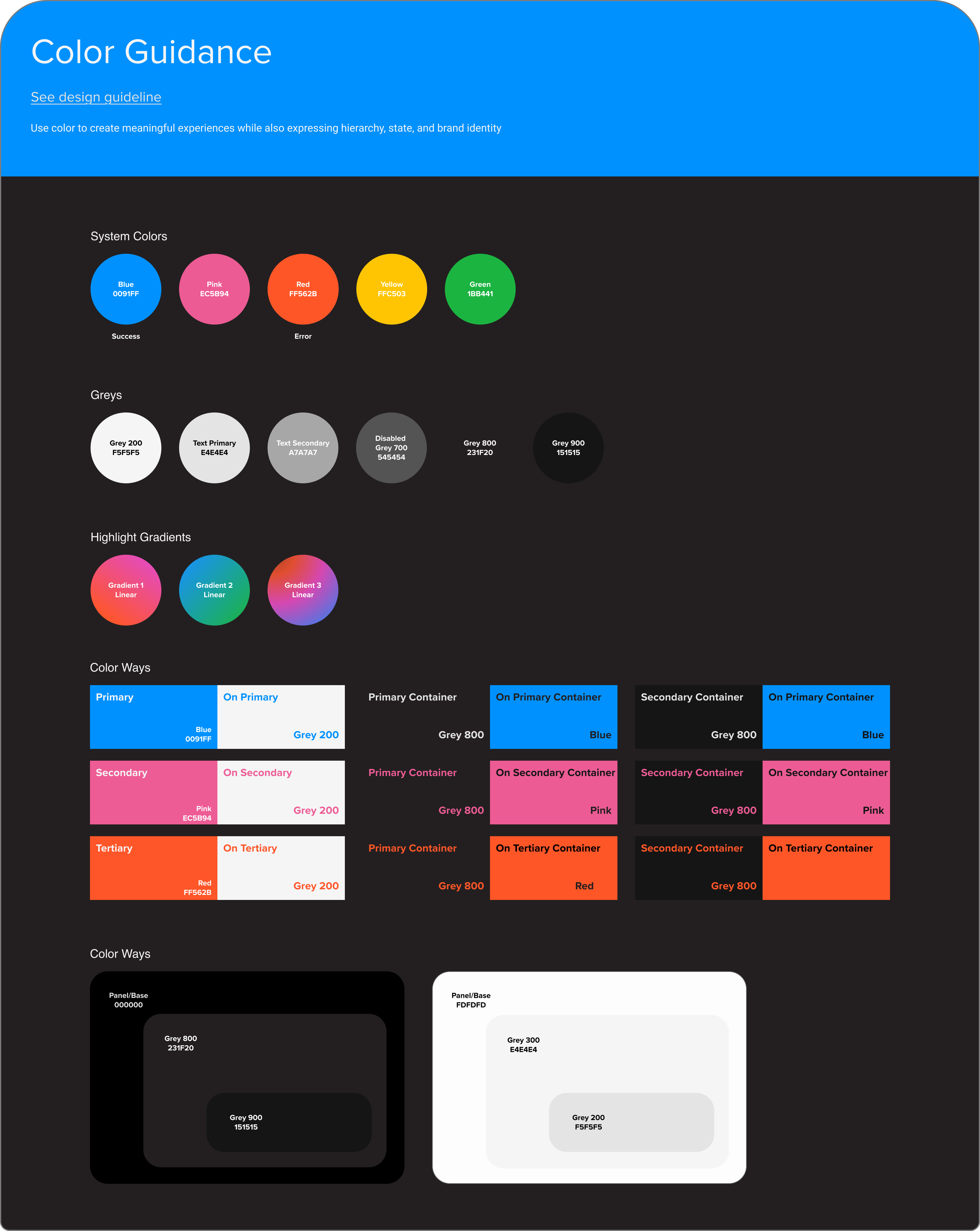 Example of color style library and UI color conventions.