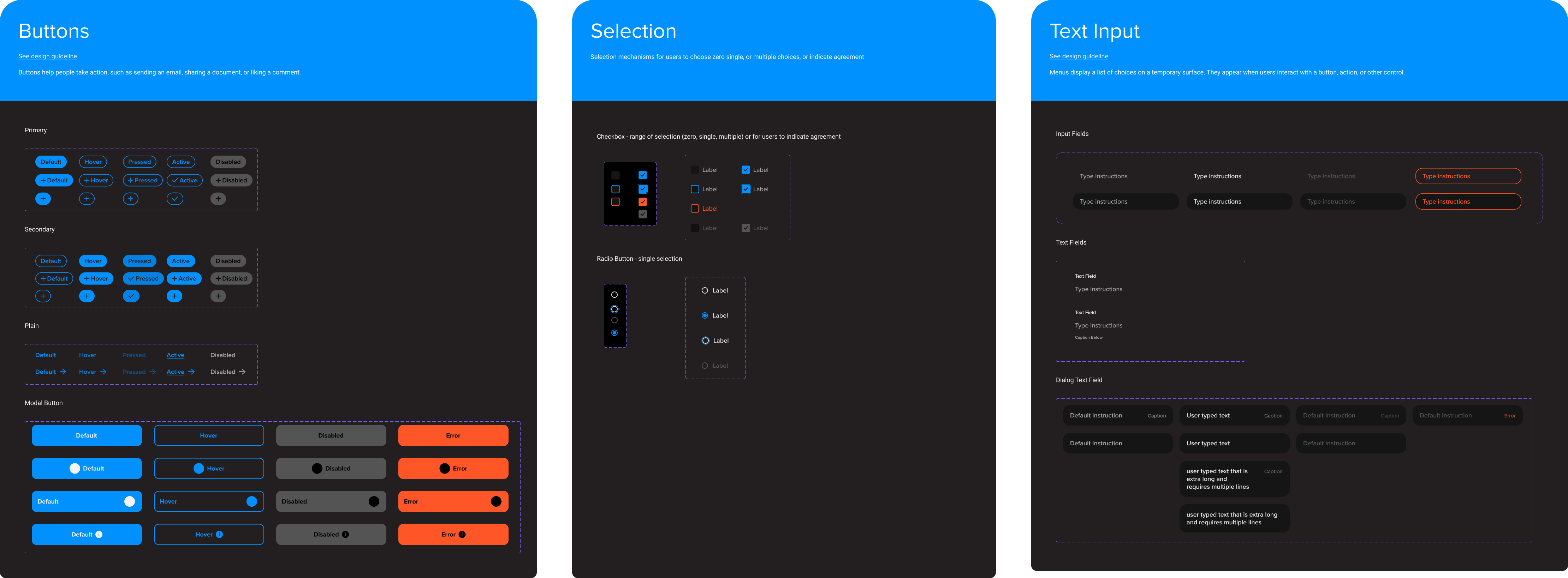 A few core elements from the component library - buttons, selection mechanisms, text input.