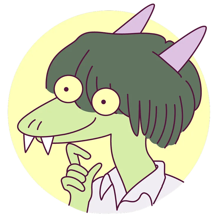 Cartoon character with green skin, large round eyes, two purple horns, a bob haircut, fangs, and wearing a white shirt, thinking with a hand on the chin.