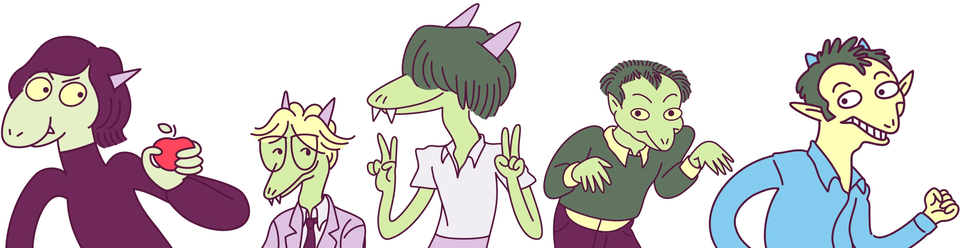 Five cartoon characters with greenish skin and pointy ears posing against a black background, one holding a red apple.