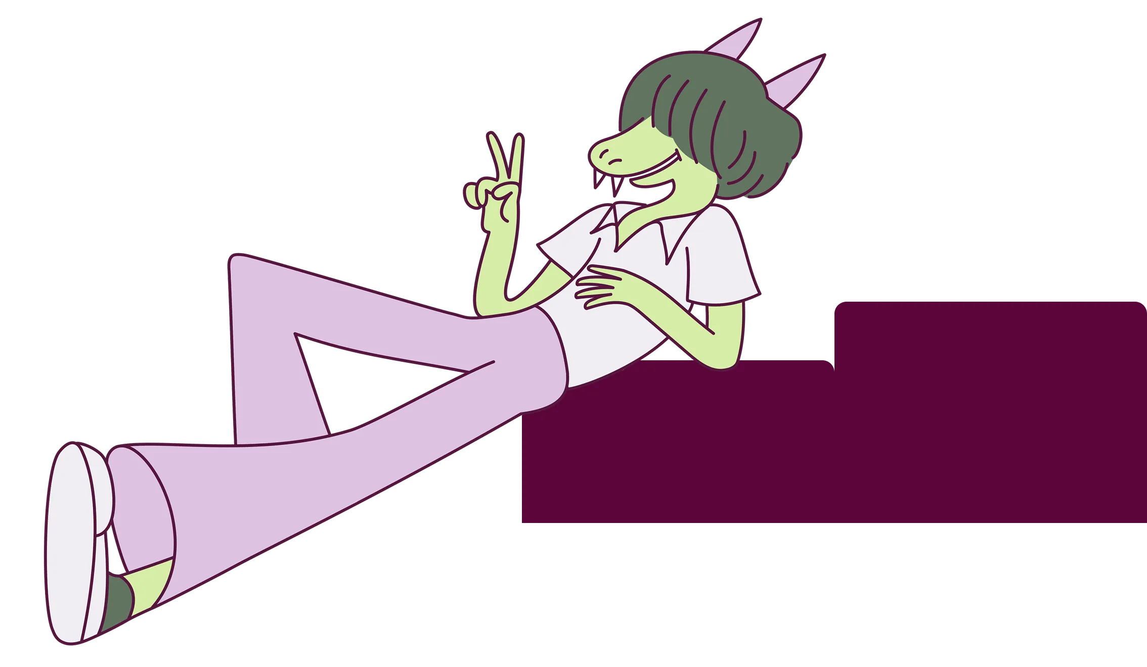 Cartoon character with green skin and purple hair, wearing a white shirt and purple pants, leaning back and making a peace sign.