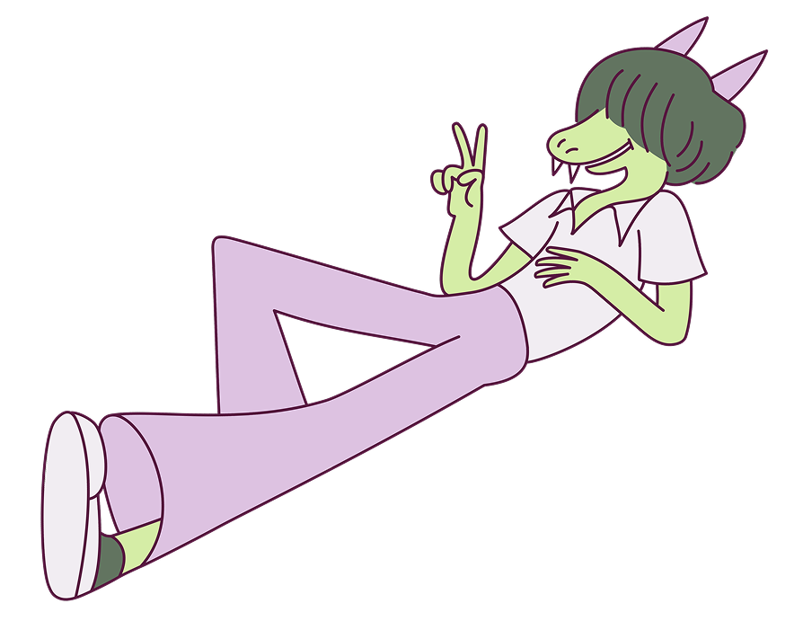 Cartoon character with green skin and bunny ears lying down, wearing a white shirt and lavender pants, making a peace sign.