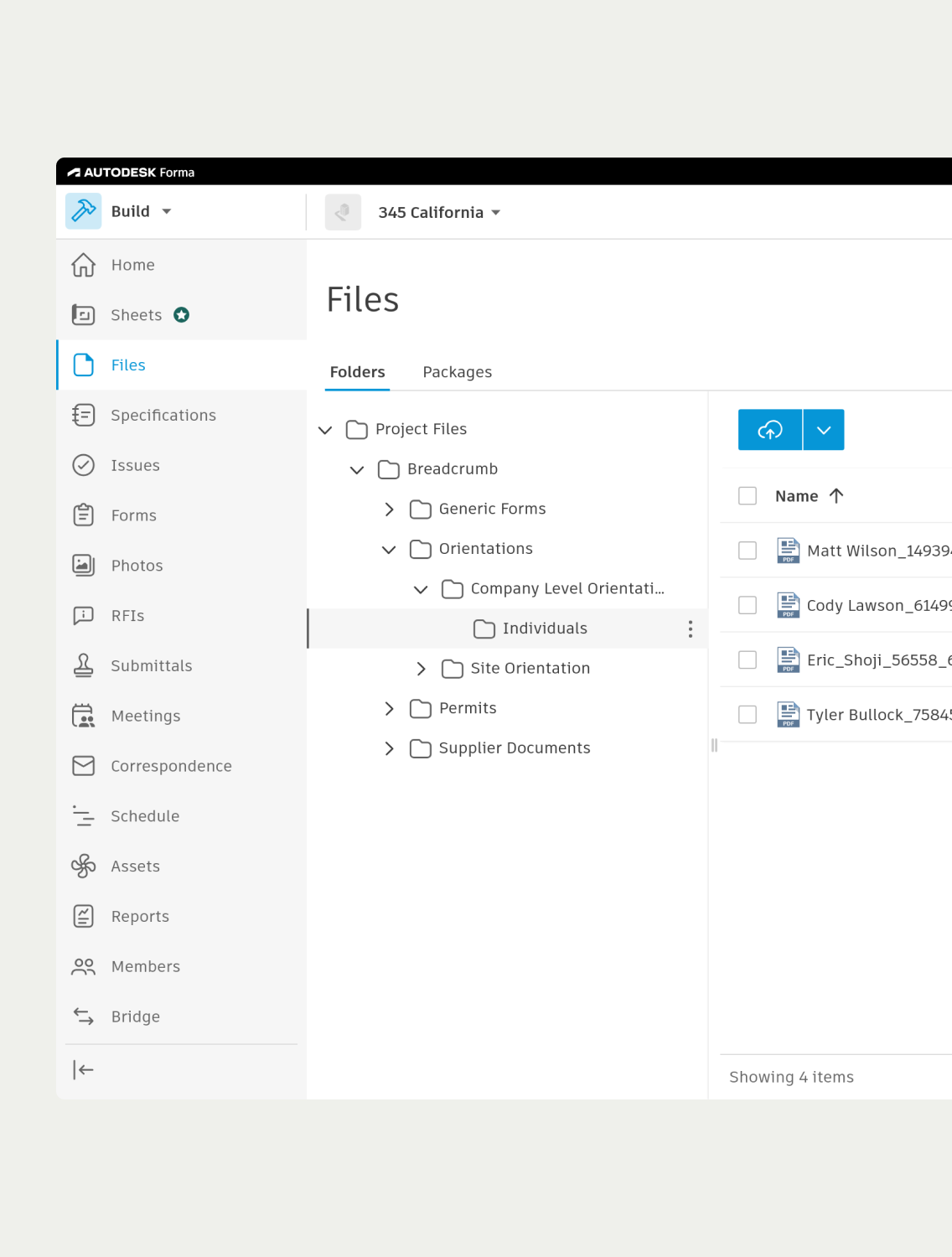 Screenshot of a document management interface showing folders under '1Breadcrumb' including Inductions, SWMS, Toolbox Talks, Permits, and SDS.
