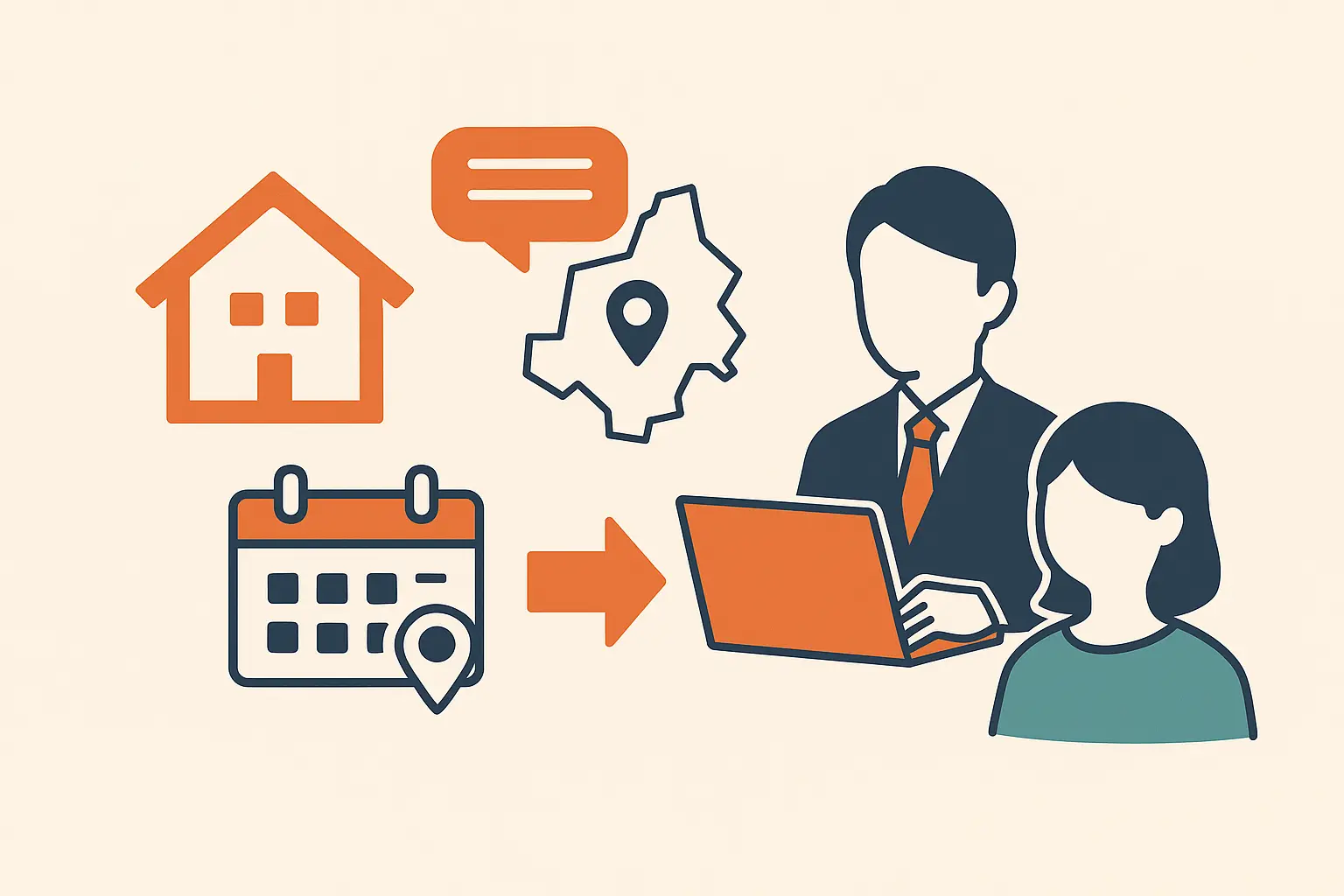 Illustration of a house, calendar with location marker, speech bubble, location map, and two faceless people with a laptop, symbolizing remote consultation or appointment scheduling.