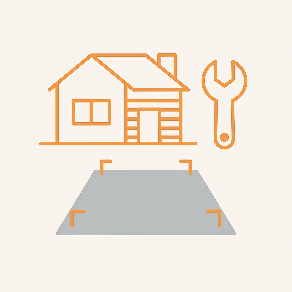 Orange outline of a house and wrench above a gray rectangular shape with orange corner brackets on a light background.