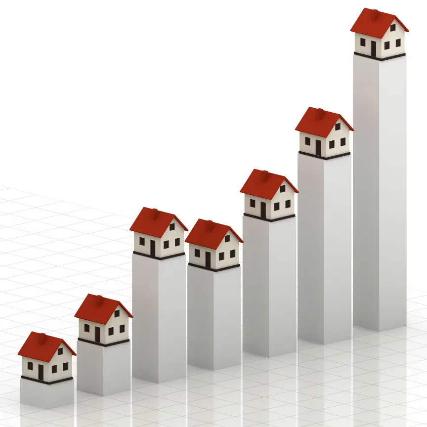 A series of white bars with red-roofed house icons on top, increasing in height from left to right, representing rising housing prices or market growth.