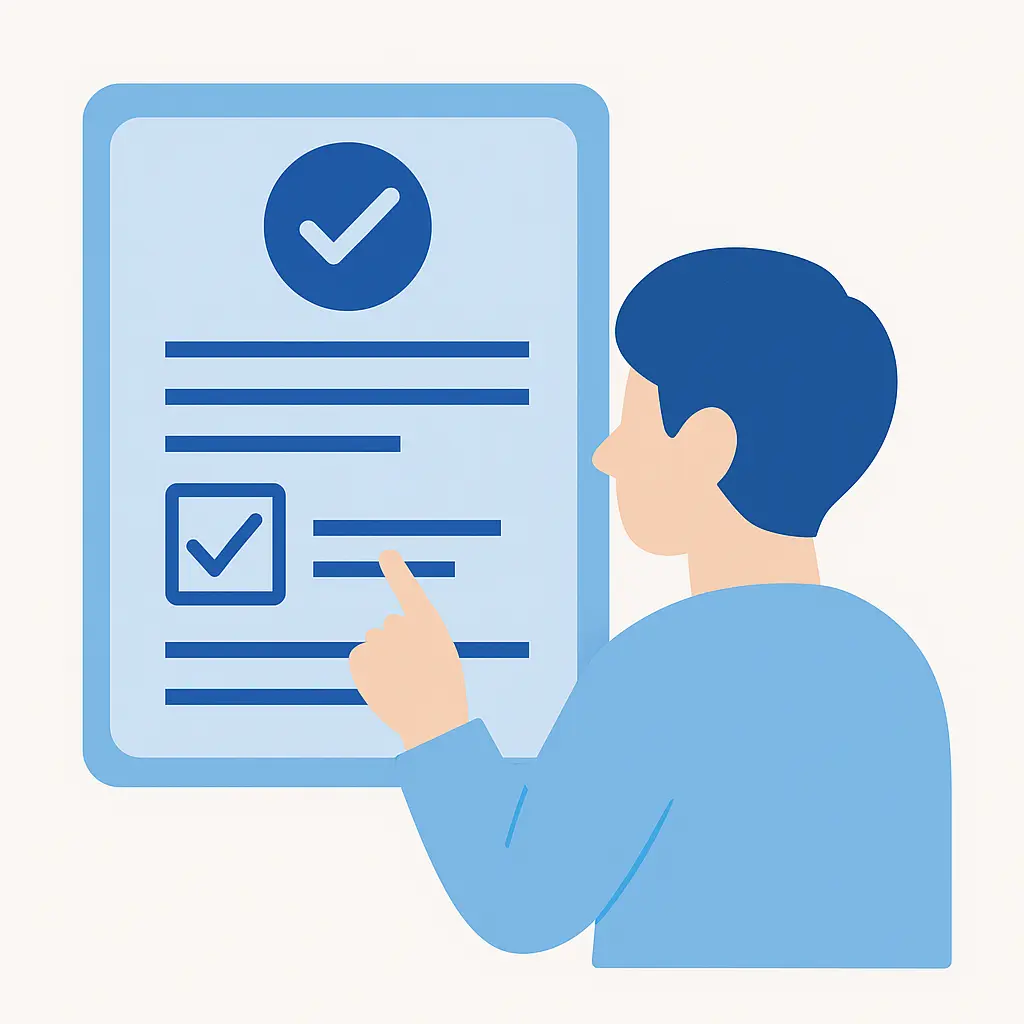 Illustration of a person pointing at a checklist with check marks on a large document.