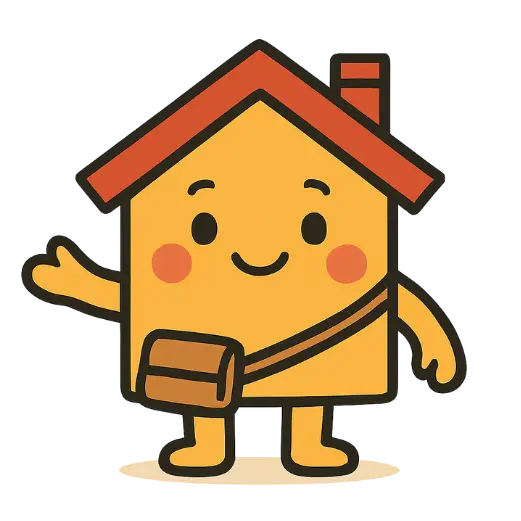 Service character. Cartoon house character with a red roof, smiling face, waving hand, and a brown messenger bag.