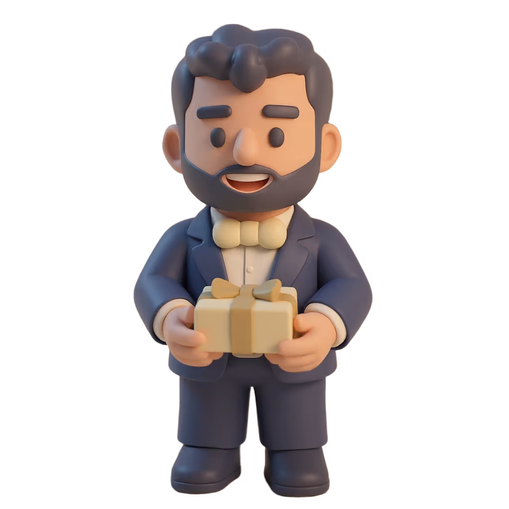 3D illustration of a man with a beard and bow tie holding a wrapped gift box