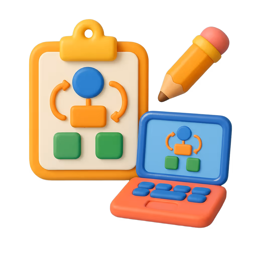 Clay-style illustration of a clipboard and a laptop displaying a flowchart with interconnected shapes and a pencil above.