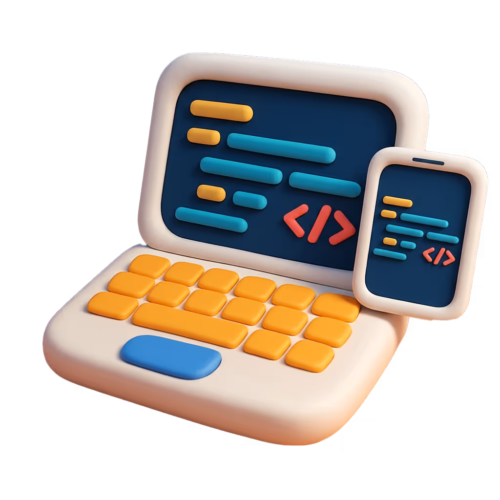 3D illustration of a laptop and smartphone displaying colorful code snippets with orange, blue, and red elements.