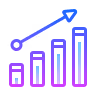 Bar chart with ascending purple bars and an upward trending arrow above.