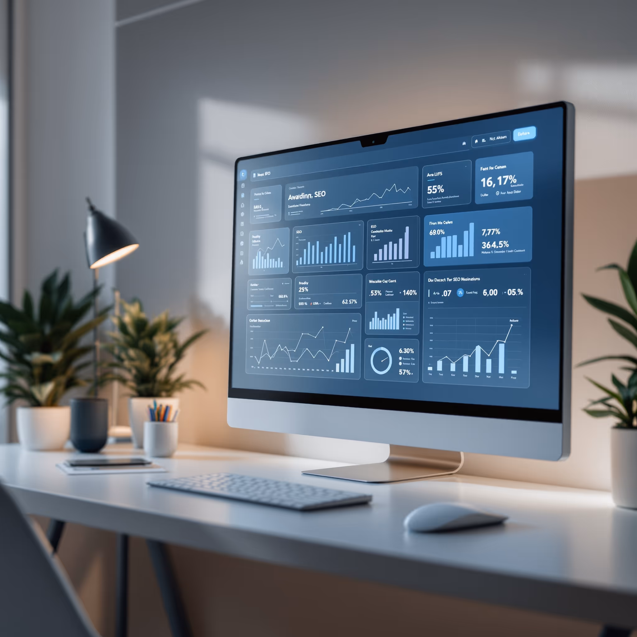 Modern workspace with a desktop computer displaying SEO analytics dashboards
