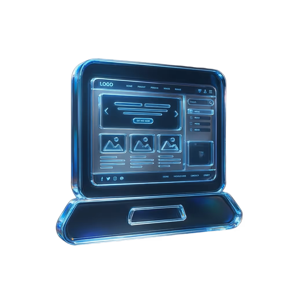 Futuristic glowing glass computer screen displaying a website layout with icons and menus on a dark background