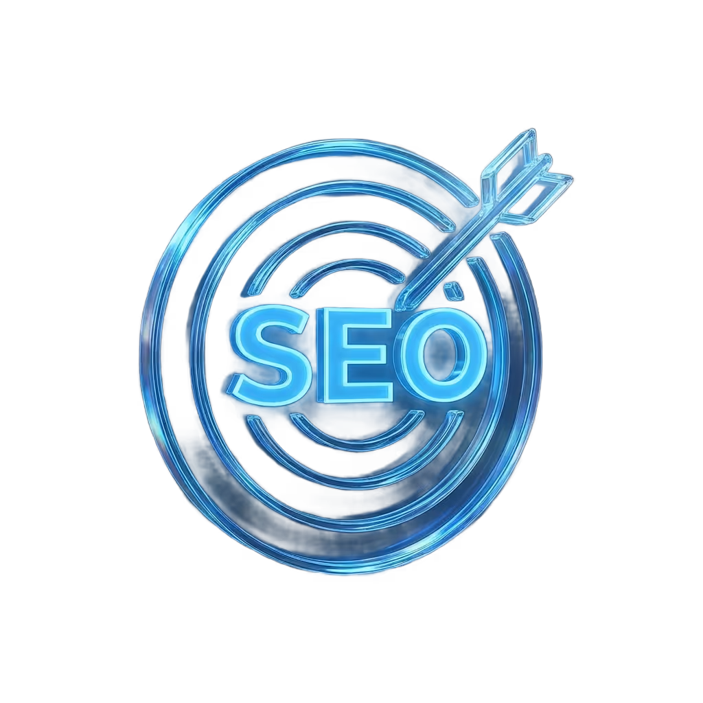 Glowing blue neon target with an arrow hitting it and the letters SEO in the center
