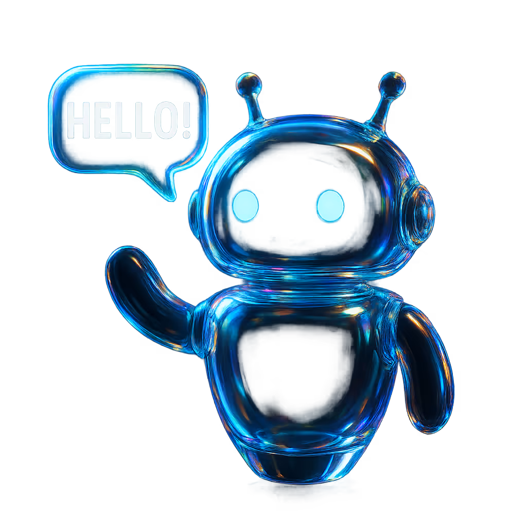 Glowing blue transparent robot with antennae waving and a speech bubble saying 'HELLO!