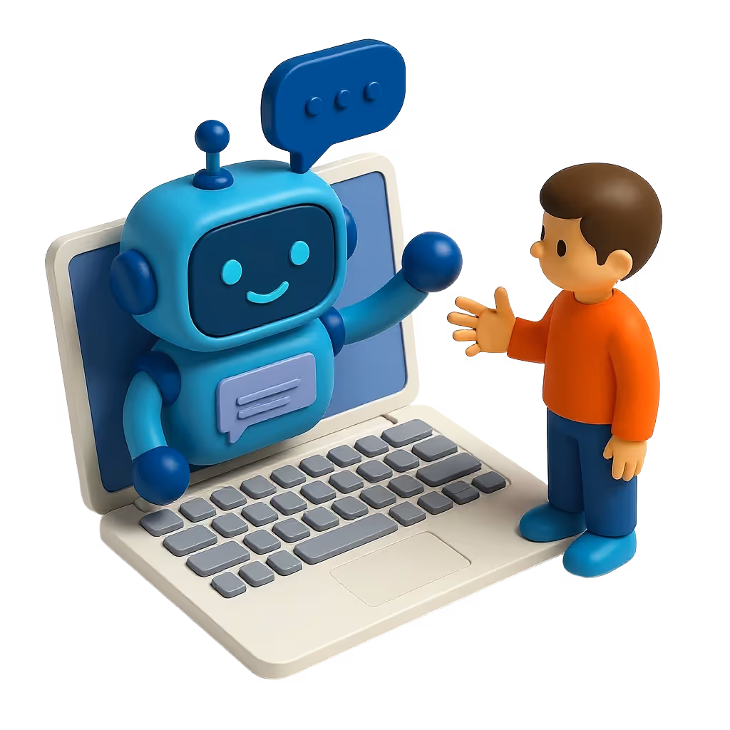 3D illustration of a friendly robot emerging from a laptop screen interacting with a person wearing an orange shirt.