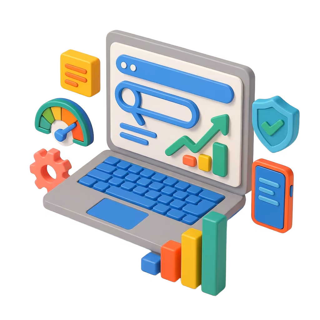 3D illustration of a laptop with data analytics icons including a search bar, upward graph, bar chart, speed gauge, gear, shield with checkmark, and a smartphone.