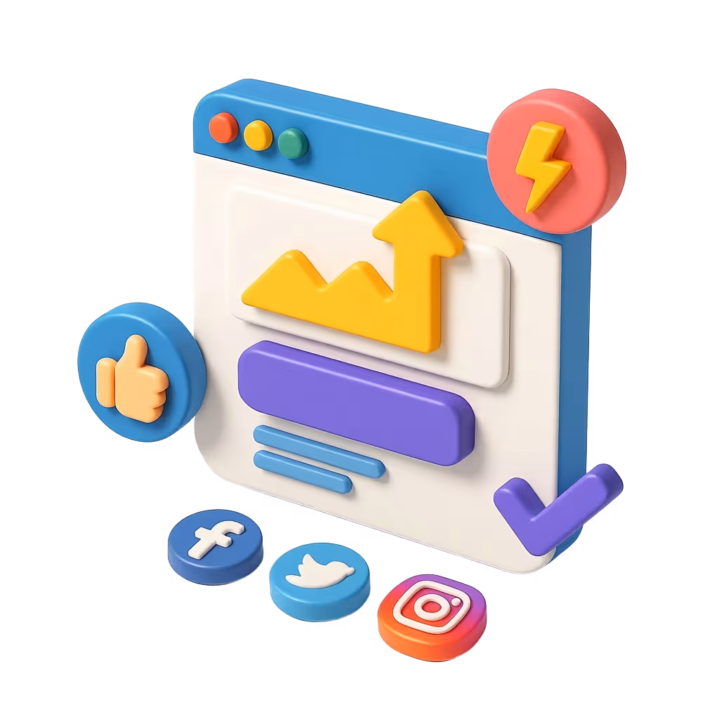 3D illustration of a web browser window with a rising graph