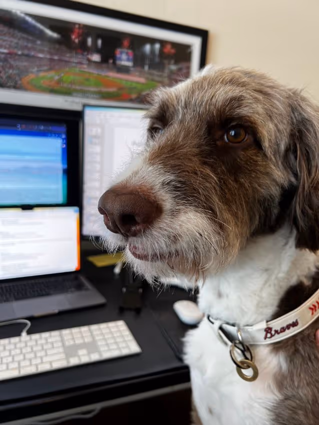 Photo of Moose in front of workstation, who Hi Moose is named after