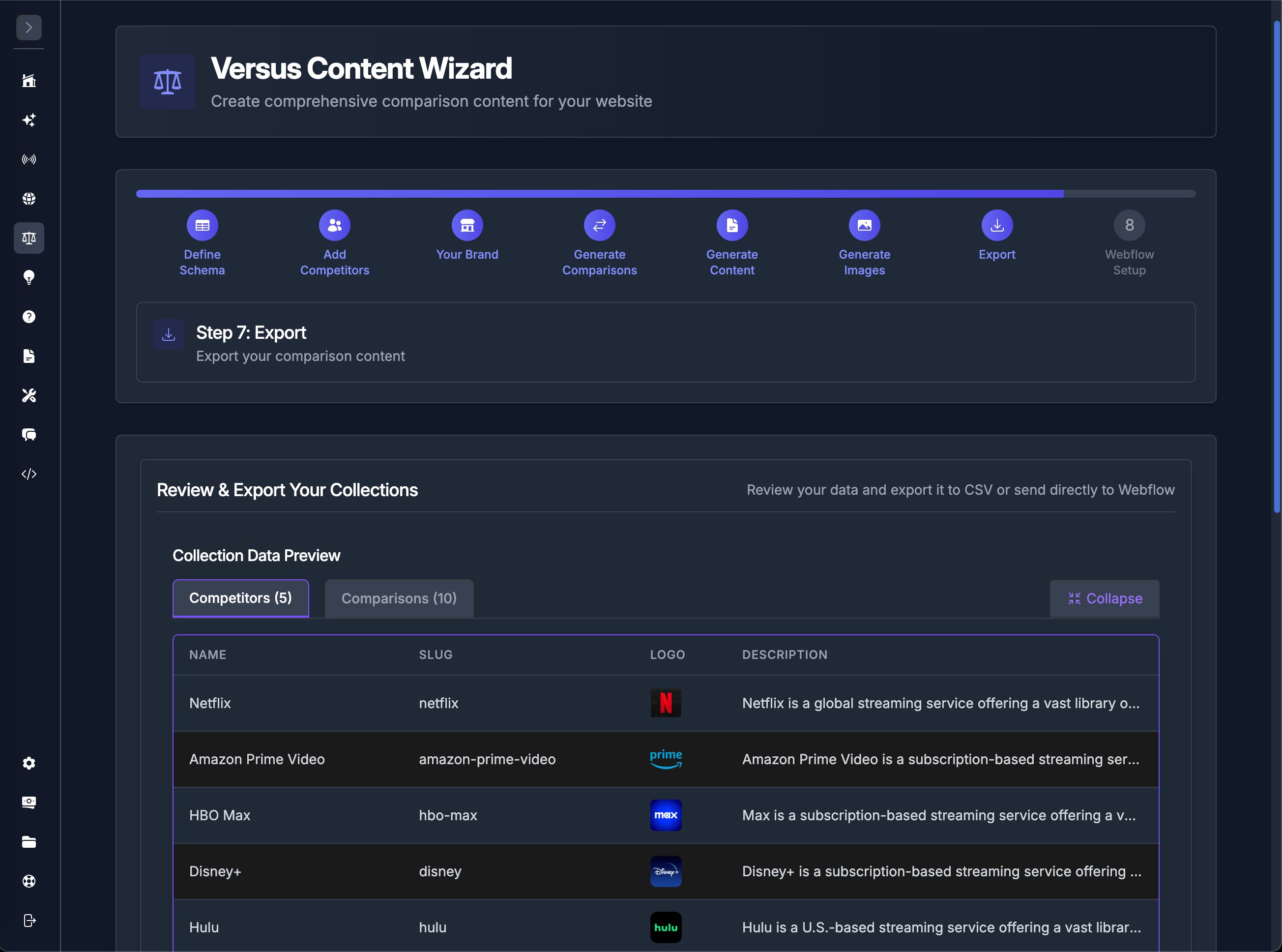 Versus Content Wizard UI within Hi, Moose - Programmatic SEO tool