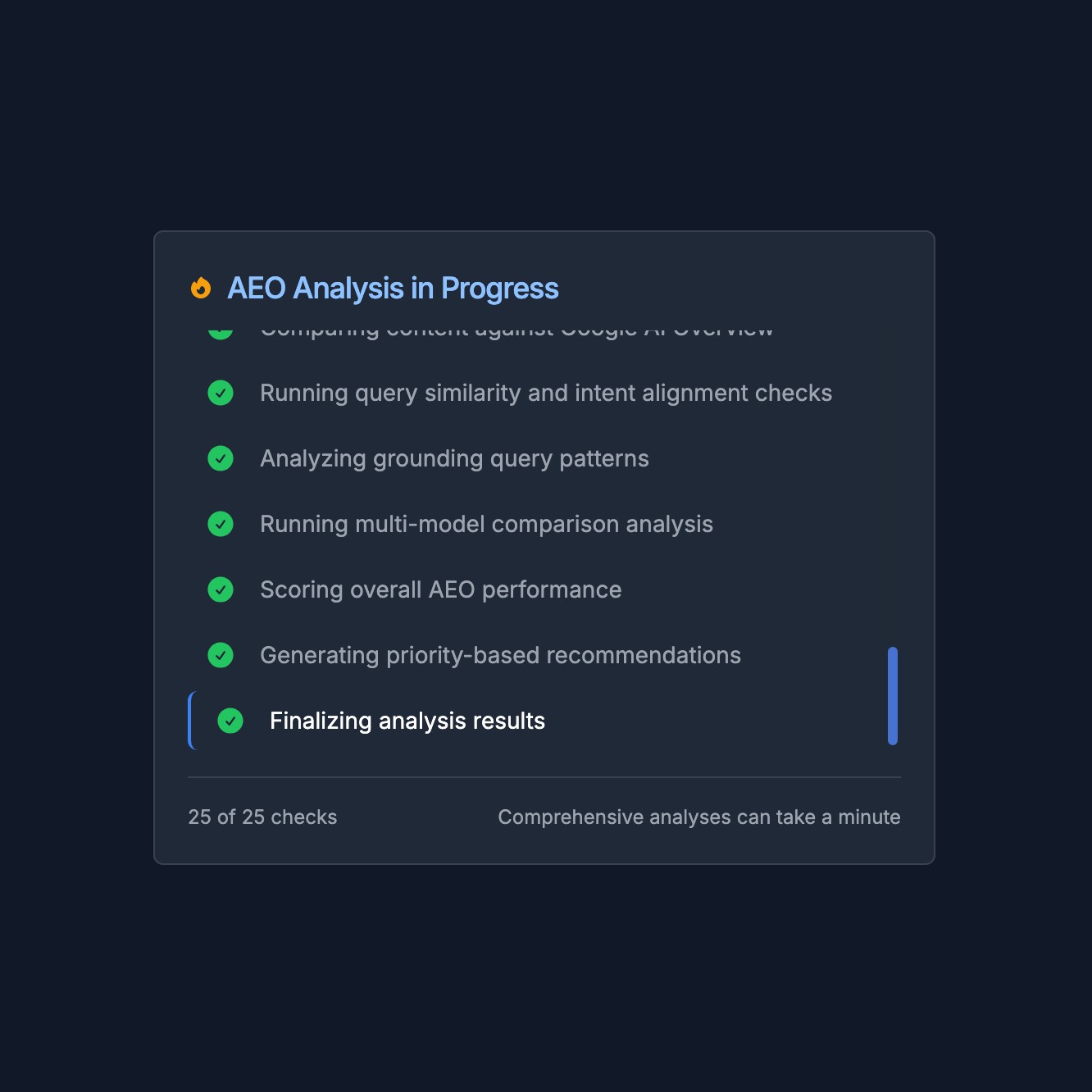 AEO analysis results UI screenshot from Hi, Moose AEO platform