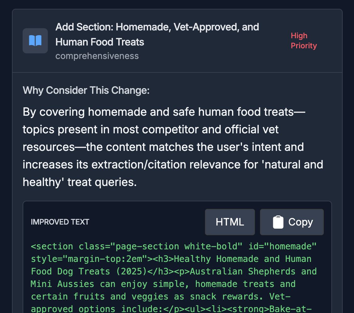 Turn insights into actionable recommendations, UI screenshot from Hi, Moose AEO/GEO platform