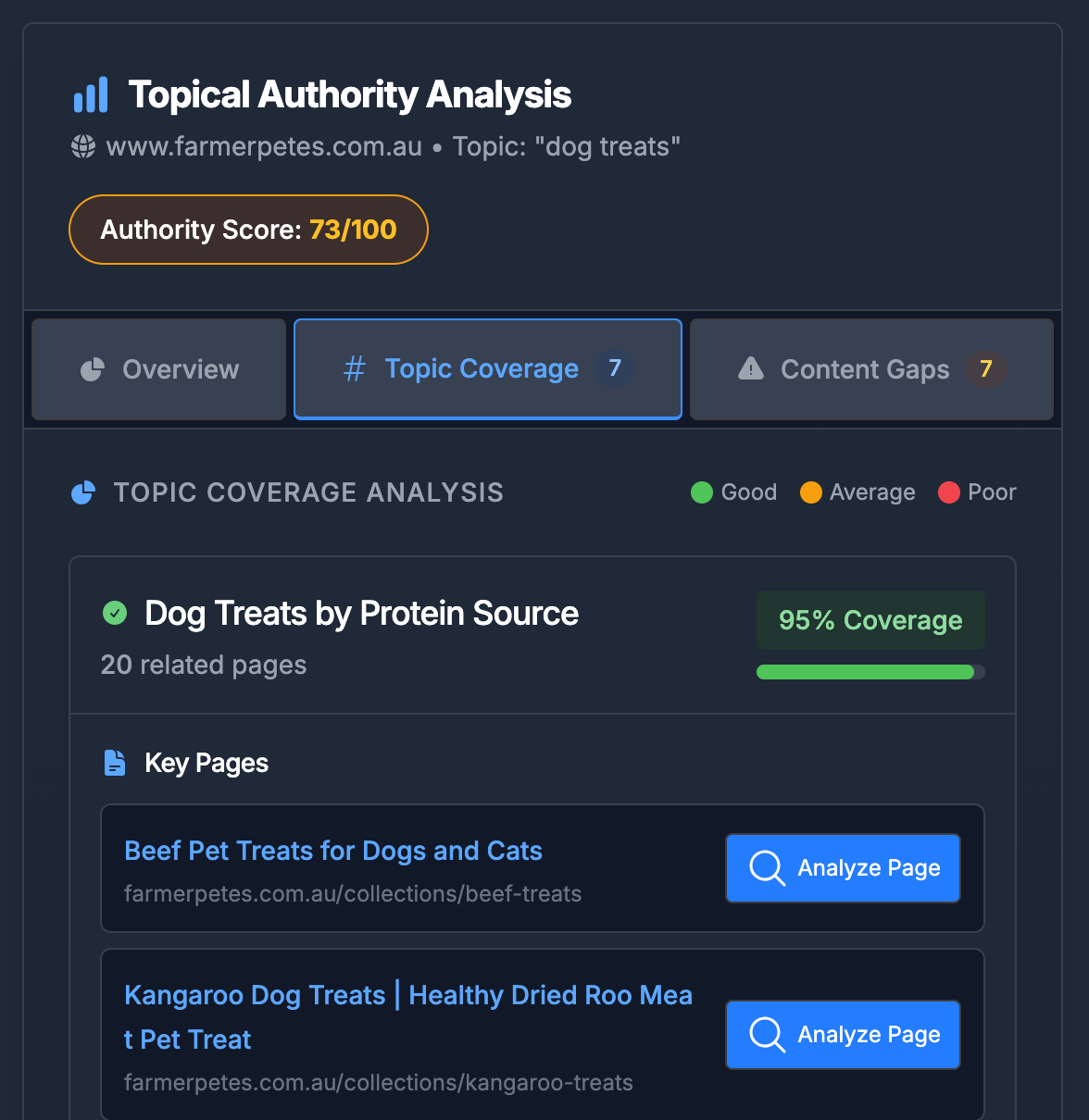 Topical Authority Audit, Coverage Report UI screenshot within Hi, Moose