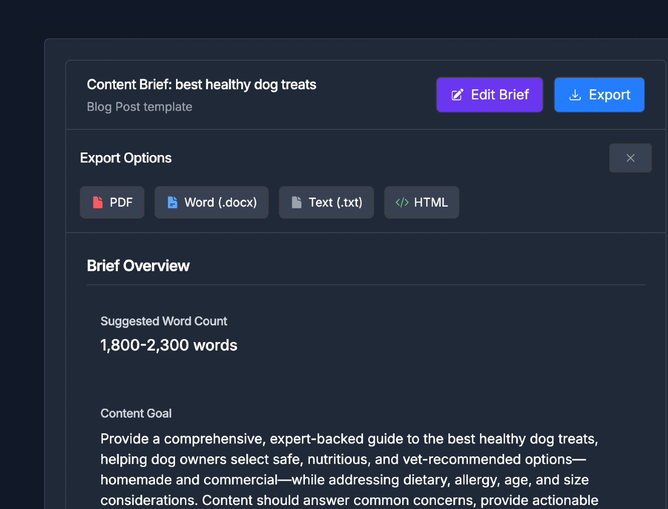 SEO content brief, generated in minutes, UI screenshot from Hi, Moose